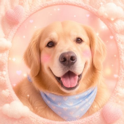 portrait of a golden retriever wearing a blue bandana, warm plain backdrop, no text