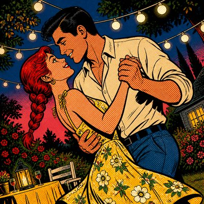 an original couple dancing under string lights in a garden at dusk: a man with short black hair in a linen shirt and a woman with braided red hair in a summer dress