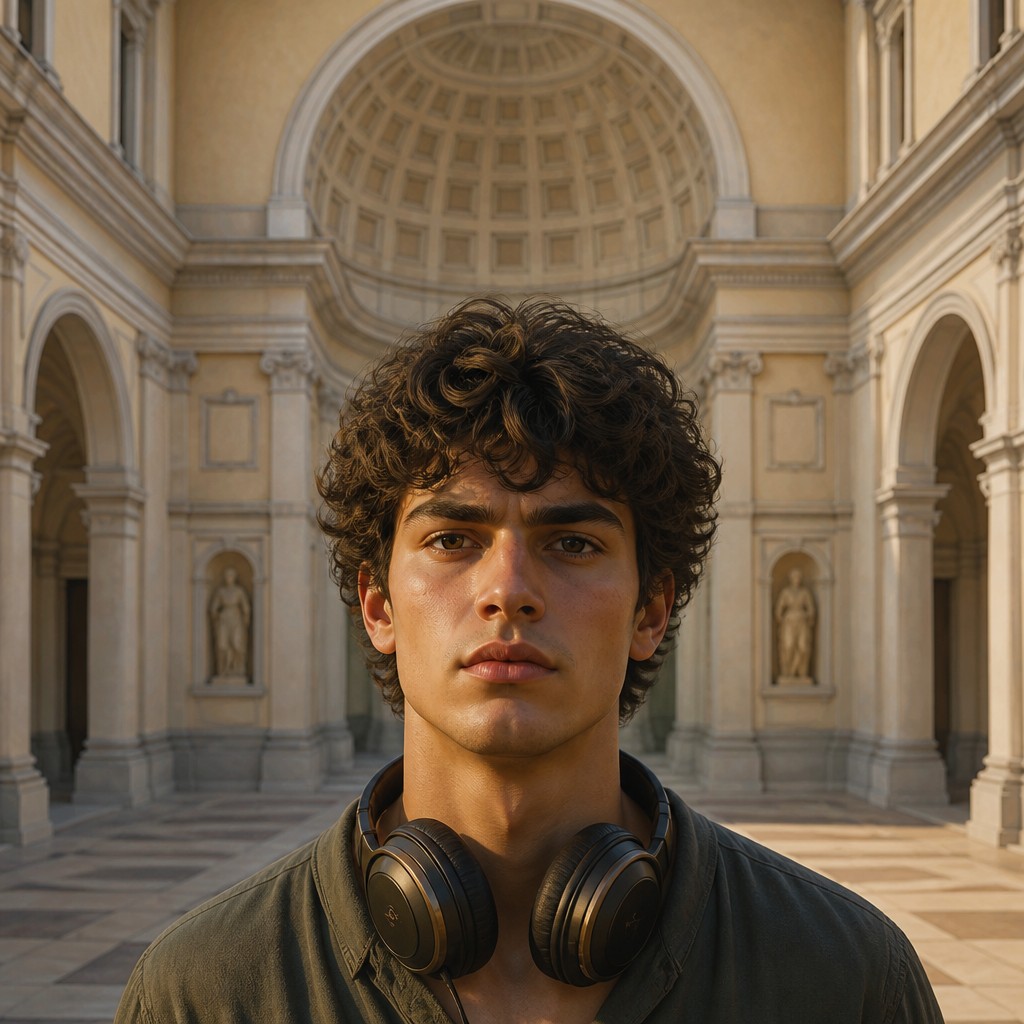 head-and-shoulders portrait of an original character: a young man with curly dark hair and headphones around his neck, plain backdrop, no text