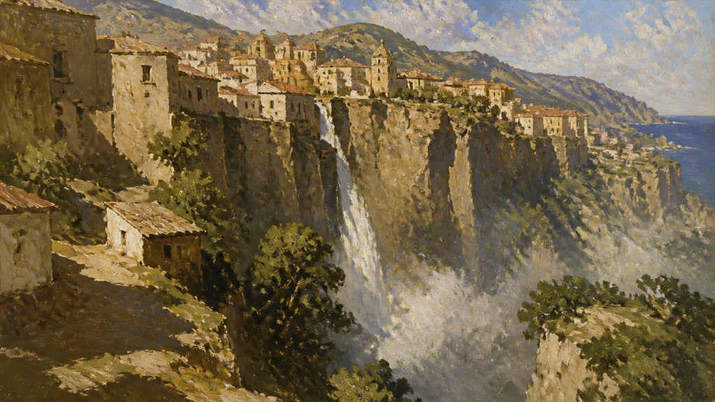 a cliffside city with waterfalls cascading into a misty canyon, wide establishing shot, no people, no text