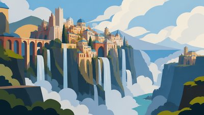 a cliffside city with waterfalls cascading into a misty canyon, wide establishing shot, no people, no text