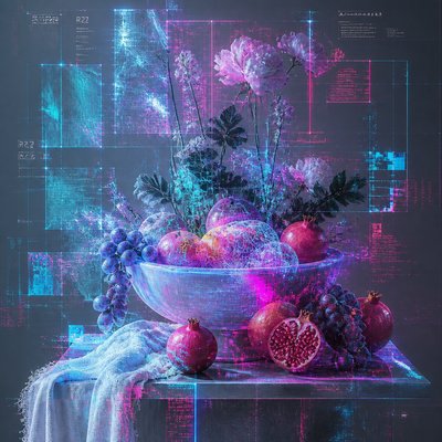 still life arrangement of fruits and flowers
