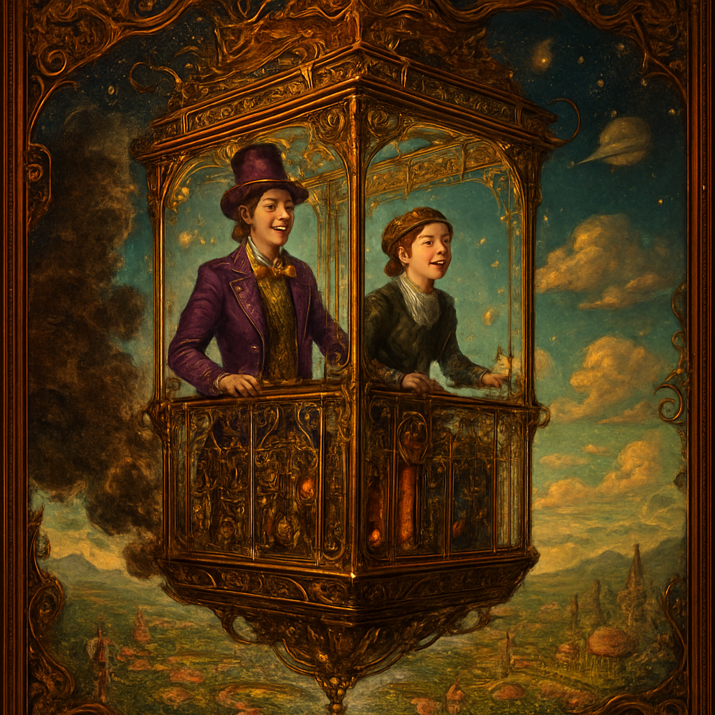 An awe-inspiring and whimsical scene featuring Willy Wonka's Great Glass Wonkavator, soaring through the sky and beyond the confines of the chocolate factory. The Wonkavator itself is a magnificent, multi-directional glass elevator, transparent and sparkling, with Willy Wonka (wearing his iconic top hat, purple coat, and bowtie) and a young happy Victorian well dressed lady looking out with expressions of wonder and excitement. The interior is filled with intricate buttons and levers for controlling its magical flight. The Wonkavator is depicted in mid-flight, perhaps bursting through the factory roof or ascending above the clouds. Below it, the fantastical landscape of the Chocolate Factory is visible – chocolate rivers, edible gardens, candy cane trees, and various whimsical buildings. Beyond the factory, a stunning, imaginative sky unfolds, perhaps with floating candy clouds, distant fantastical landmarks, or even glimpses of outer space and planets. The lighting is bright and magical, emphasizing the glass's transparency and the vibrant colors of the world below and beyond. The overall mood is one of boundless adventure, limitless possibilities, and pure, joyful fantasy."