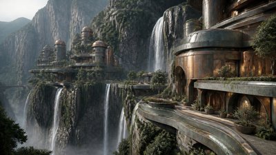 a cliffside city with waterfalls cascading into a misty canyon, wide establishing shot, no people, no text