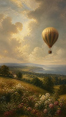 a hot air balloon drifting over rolling flower fields on a sunny day, cheerful, no text