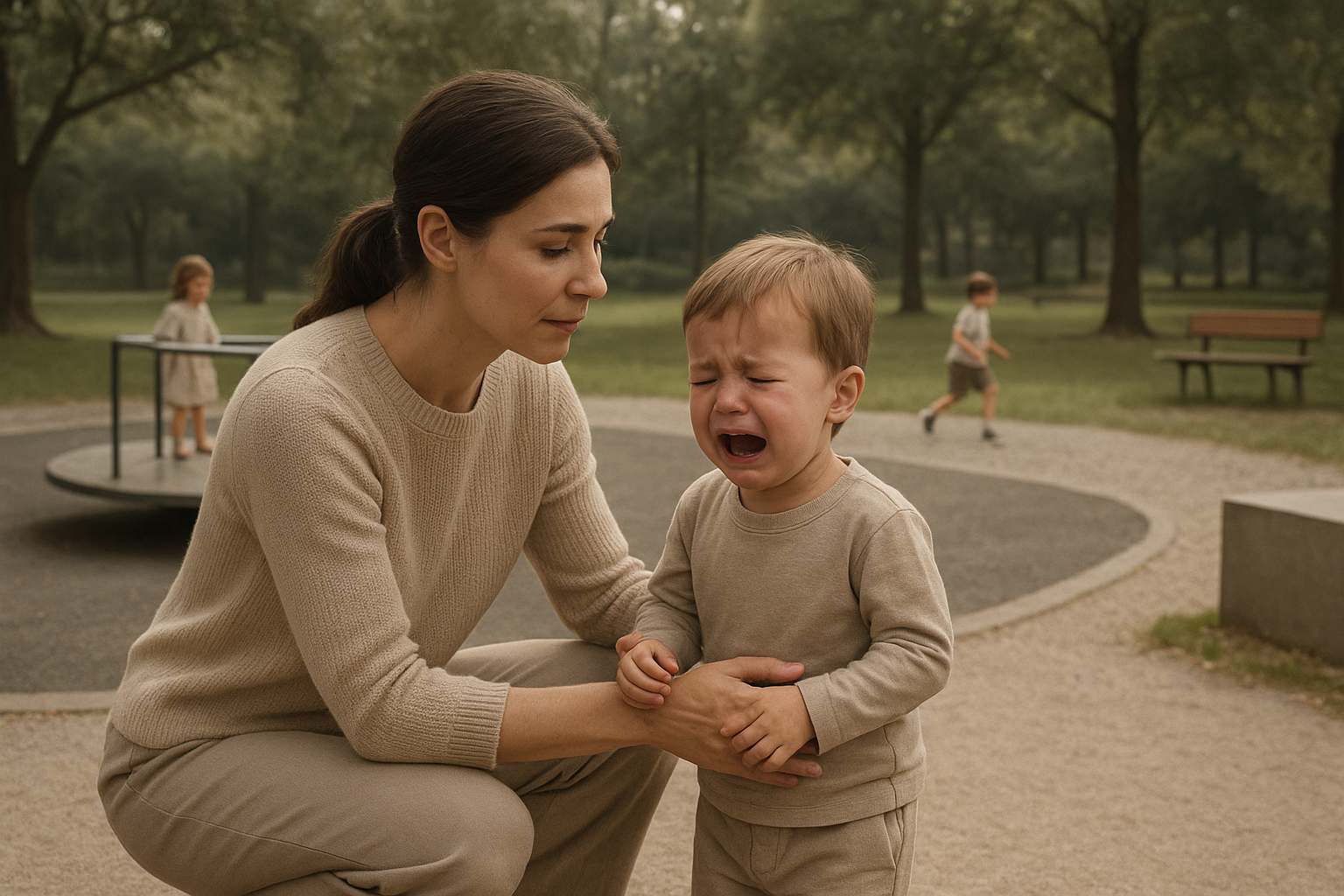 An outdoor scene in a park. a merry-go-round is nearby. A mother squats down to help her little boy, who is crying and making a fuss. other kids are playing in the background but this little boy is very unhappy. Mom has a kind and gentle face and is trying to help him feel better.