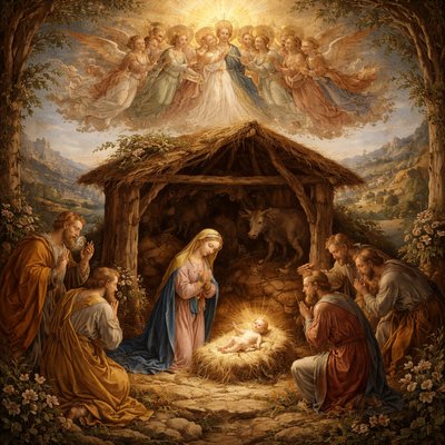 Mystical Nativity scene 
"In the style of Sandro Botticelli"
"Renaissance elegance with elongated figures and flowing drapery"
"Ethereal angels and symbolic botanical elements"
"Rich gold accents and harmonious color palette"
"Detailed landscapes with mystical religious iconography"
"Graceful poses and serene expressions in Nativity scenes"
"Florentine Renaissance composition with balanced symmetry"