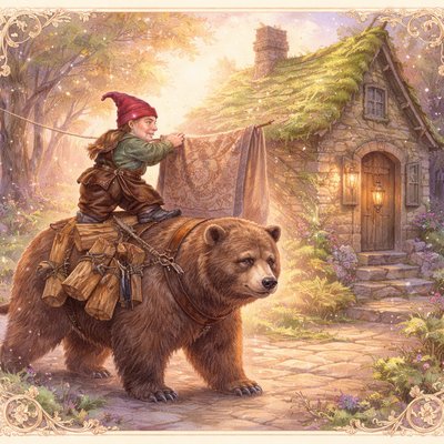 A detailed fantasy painting of a gnome and bear doing chores outside a moss-covered stone cottage. The gnome, dressed in practical work clothes and a leather apron, sits atop the bear, hoisting a large beaten rug onto a clothesline. The bear, looking stolid and helpful, is carrying bundles of firewood and has several scrub brushes hanging from its harness. The scene is one of efficient, rustic domesticity in a forest setting. Golden afternoon light.