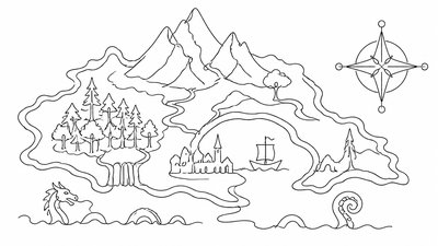 a map of an island realm with mountains, forests, a sheltered bay, sea monsters in the water and a compass rose, no text labels