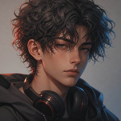 head-and-shoulders portrait of an original character: a young man with curly dark hair and headphones around his neck, plain backdrop, no text