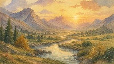 a vast valley with a river winding toward distant mountains at sunrise, no people, no text