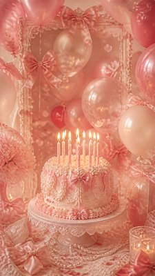 a birthday cake with lit candles surrounded by balloons and confetti, festive vertical composition, no text