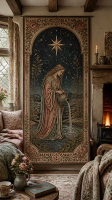 a robed figure pouring water beneath a large eight-pointed star in a night sky, symmetrical composition with an ornate decorative border, no text