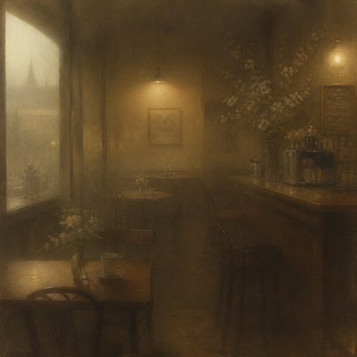 cozy cafe interior with warm lighting