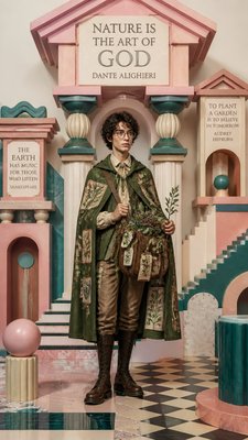 full-body original character: a wandering botanist with a satchel of plants, a patched green cloak, tall boots and round glasses, neutral background