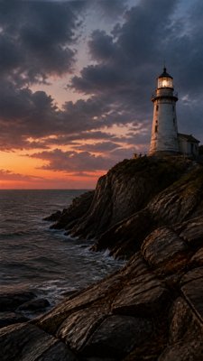 a lone lighthouse on a cliff at dusk under a dramatic sky, no text or lettering