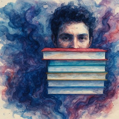 a painting of a man holding a stack of books