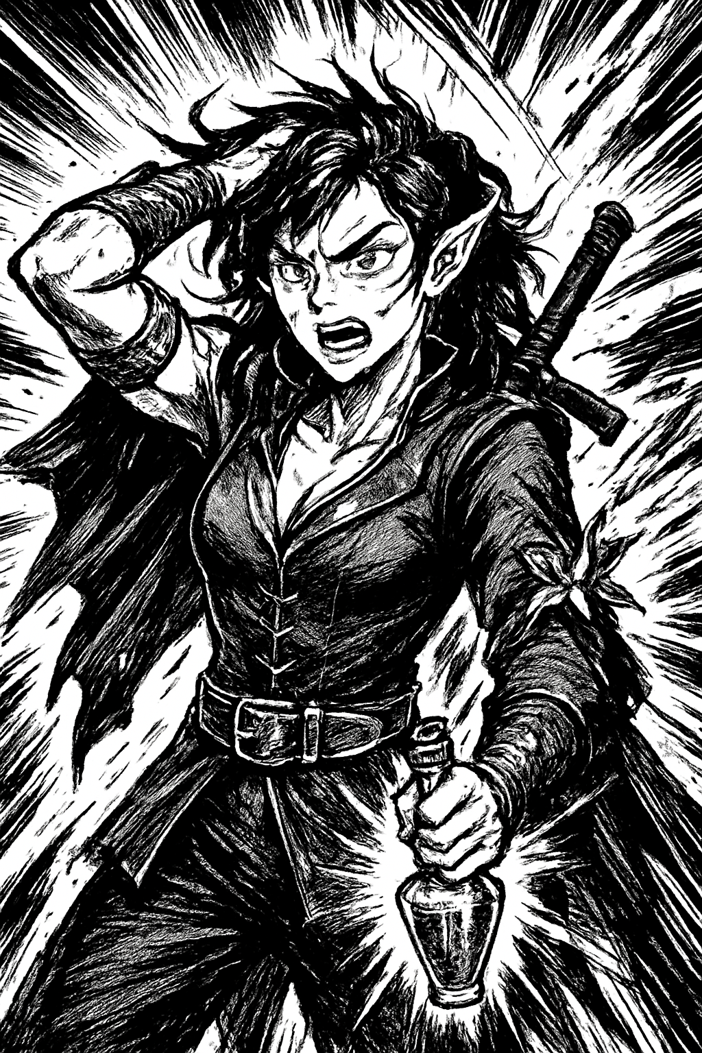 a black and white drawing of a woman holding a sword