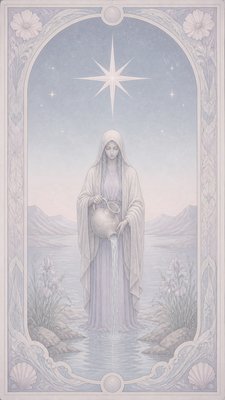 a robed figure pouring water beneath a large eight-pointed star in a night sky, symmetrical composition with an ornate decorative border, no text