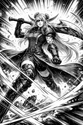 a black and white drawing of a woman holding a sword
