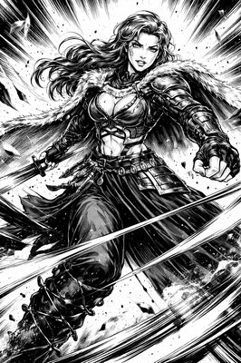 a black and white drawing of a woman with a sword