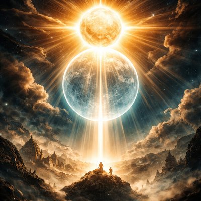 Ancient celestial vision: the blazing sun hovers directly above a translucent moon, the moon rendered almost invisible, swallowed by the sun's overwhelming radiance yet delicately outlined as a glass, beams of divine light pouring down, the moon a silent witness beneath the sun's glory, spiritual symbolism of hidden union and concealed intimacy, ethereal golden and silver tones, 