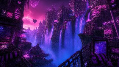 a cliffside city with waterfalls cascading into a misty canyon, wide establishing shot, no people, no text