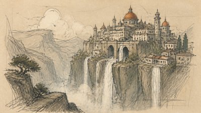 a cliffside city with waterfalls cascading into a misty canyon, wide establishing shot, no people, no text