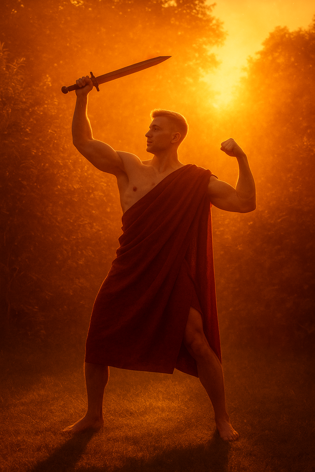 a man in a red robe holding a sword