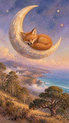 a sleeping baby fox curled on a crescent moon among soft stars, gentle and warm, no text