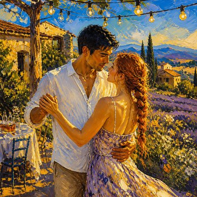 an original couple dancing under string lights in a garden at dusk: a man with short black hair in a linen shirt and a woman with braided red hair in a summer dress