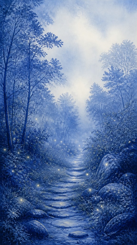a mysterious forest path with fireflies and drifting mist, atmospheric vertical composition with open space at the top, no text