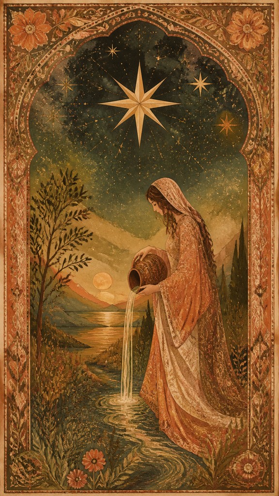 a robed figure pouring water beneath a large eight-pointed star in a night sky, symmetrical composition with an ornate decorative border, no text
