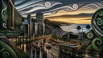 bustling city street panorama at dusk
