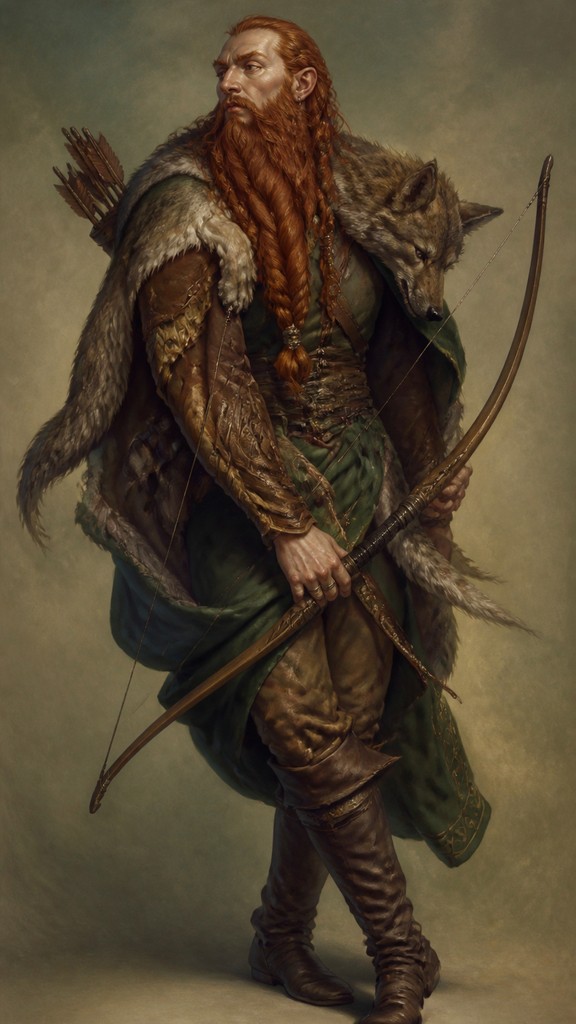 full-body original character: a dwarven ranger with a braided auburn beard, worn leather armor, a longbow and a wolf-pelt cloak, neutral background, no text