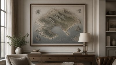 a map of an island realm with mountains, forests, a sheltered bay, sea monsters in the water and a compass rose, no text labels