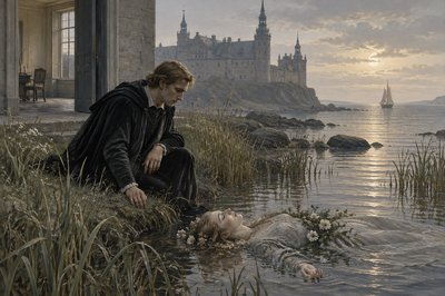 Hamlet Prince of Denmark discovers the body of Ophelia floating in the river near the palace