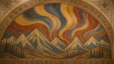 a flowing aurora over snowy peaks, wide sweeping composition, no people, no text