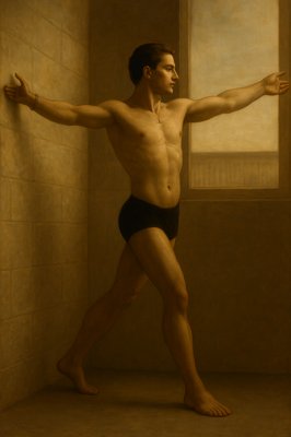 a painting of a man in a bath room