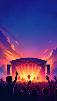 a live music scene with a glowing stage and silhouetted crowd, energetic vertical composition with open space at the top, no text