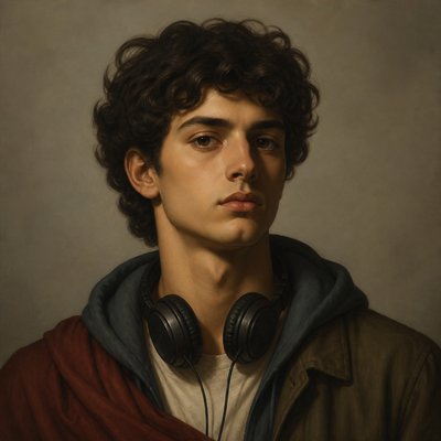 head-and-shoulders portrait of an original character: a young man with curly dark hair and headphones around his neck, plain backdrop, no text