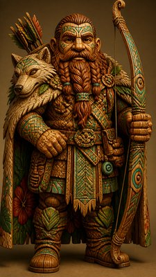 full-body original character: a dwarven ranger with a braided auburn beard, worn leather armor, a longbow and a wolf-pelt cloak, neutral background, no text