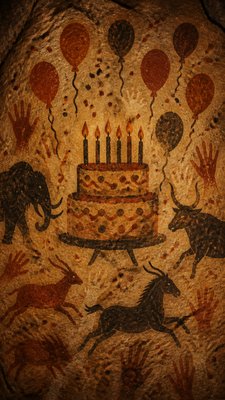 a birthday cake with lit candles surrounded by balloons and confetti, festive vertical composition, no text
