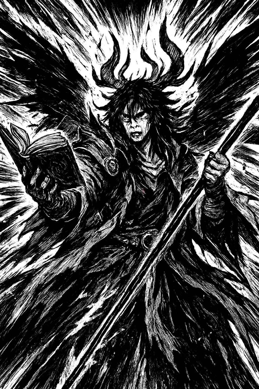 a painting of a demon holding a sword