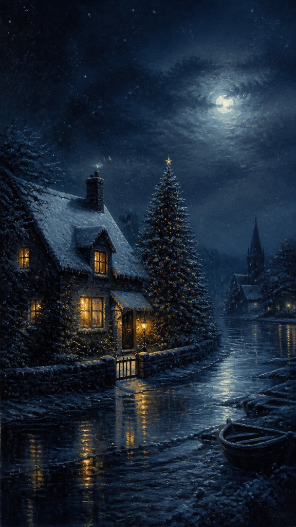 a snow-covered cottage with warm glowing windows beside a decorated pine tree, gentle snowfall, no text