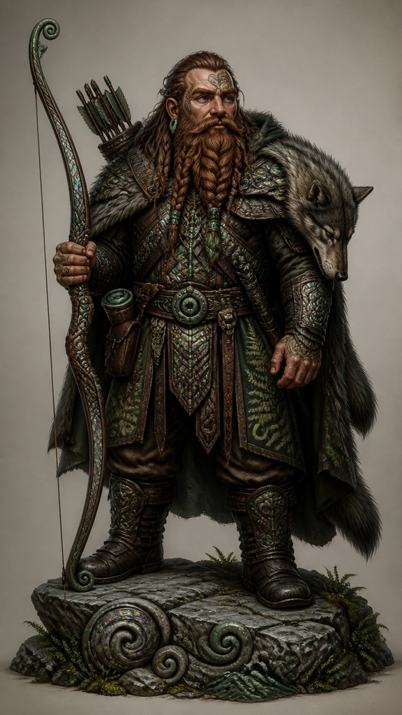 full-body original character: a dwarven ranger with a braided auburn beard, worn leather armor, a longbow and a wolf-pelt cloak, neutral background, no text