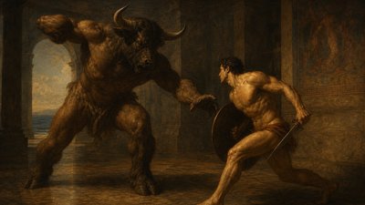 Minotaur attacking a greek ignudi warrior 