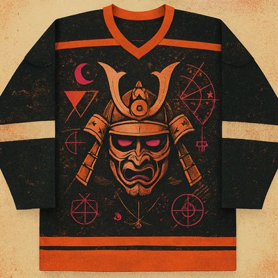 DESIGN ME A HOCKEY JERSEY WITH A SAMURAI BATTLE MASK HELMET