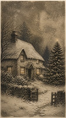 a snow-covered cottage with warm glowing windows beside a decorated pine tree, gentle snowfall, no text