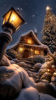 a snow-covered cottage with warm glowing windows beside a decorated pine tree, gentle snowfall, no text